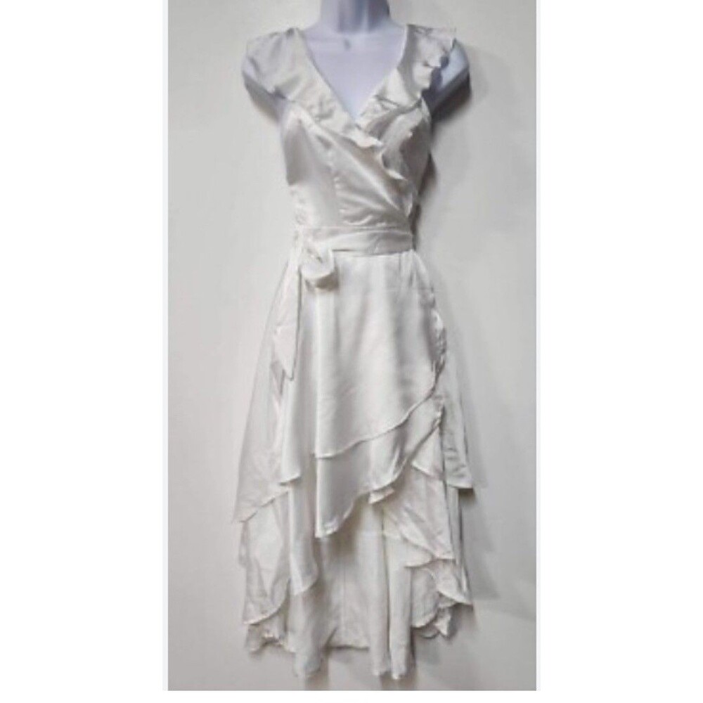 NEW Whitney Satin Hi-lo Ruffled Midi Dress White Silky Summer Wrap Sundress  NWT